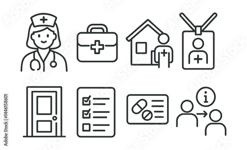 Line style icons of community health workers: field nurse, medical bag, house visit, outreach badge, door icon, checklist form, medicine card, info share.