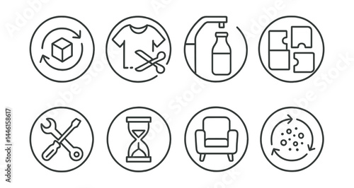 Line style icons of circular material use: repurpose symbol, fabric reuse, glass refill, modular icon, repair center, product lifespan, durable goods, material cycle.