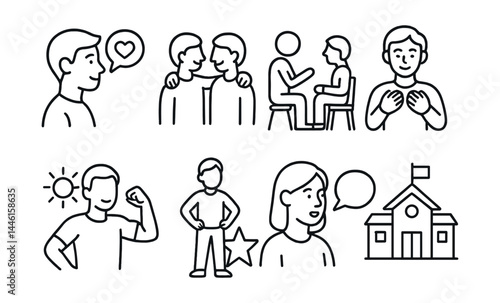 Line style icons of youth resilience: positive self-talk, friendship ring, mentor session, self-esteem icon, daily strength, confidence star, peer voice, school support.