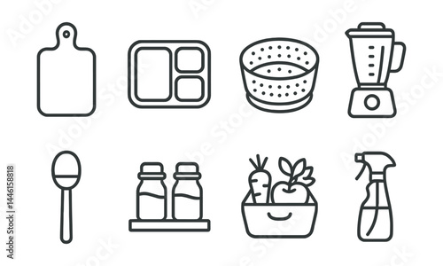 Line style icons of healthy kitchen essentials: cutting board, meal prep box, steamer basket, blender icon, portion spoon, spice rack, produce drawer, oil sprayer.
