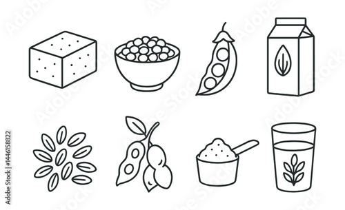 Line style icons of vegan ingredients: tofu block, lentil bowl, almond milk carton, chickpea pod, flax seeds, soybeans, vegan protein scoop, oat drink glass.