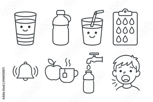 Line style icons of hydration for kids: water tracker, reusable bottle, fun straw icon, hydration chart, drink reminder, tea instead juice, refill station, thirst alert.