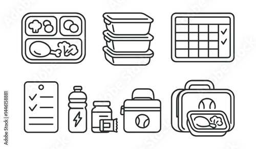 Line style icons of athlete meal prep: portion tray, meal containers, day stack, planner board, grocery list, training fuel kit, sports lunchbox, pre-cooked box.