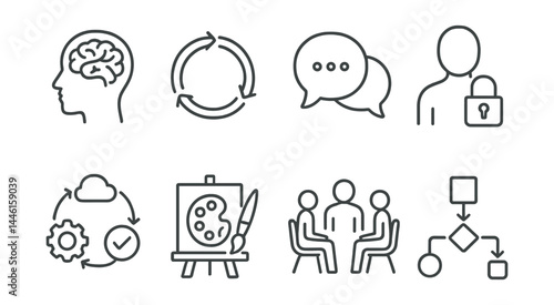 Line style icons of therapy styles: cognitive icon, behavior cycle, talk bubble, trauma work, CBT flow, art therapy, group therapy, solution chart.