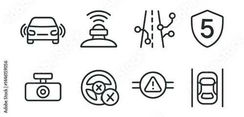 Line style icons of autonomous transport: self-driving car, lidar sensor, road AI, level 5 icon, car camera, system override, emergency stop, AV lane.