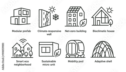 Line style icons of future housing models: modular prefab home, climate-responsive wall, net-zero building, bioclimatic house icon, smart eco neighborhood, sustainable micro-unit, mobility pod,
