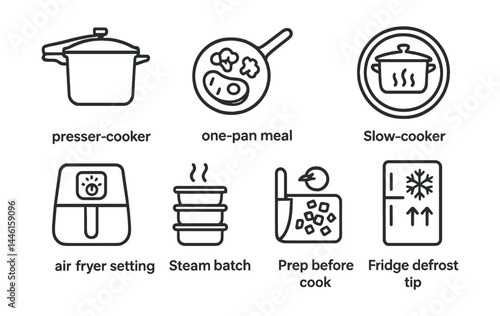 Line style icons of cooking with less energy: pressure cooker icon, one-pan meal, stovetop cover, slow cooker badge, air fryer setting, steam batch symbol, prep before cook, fridge defrost tip.