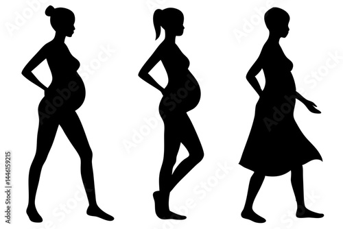 Black silhouette of three pregnant women in different poses on white, pregnant woman, silhouette, pregnancy, baby, mother, maternity, expectant mother, family, child, health, parent, birth, expecting