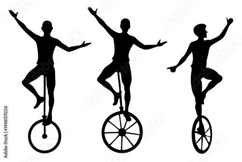 Three silhouettes of unicycle performers balancing artistic acrobatics together on white, unicycle, performer, silhouette, balance, circus, acrobat, acrobatics, skill, fun, entertainment, coordination