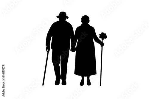 Silhouette design of two elderly people with canes on png background, elderly, old, people, senior, cane, walking stick, support, assistance, silhouette, vector, icon, symbol, transparency