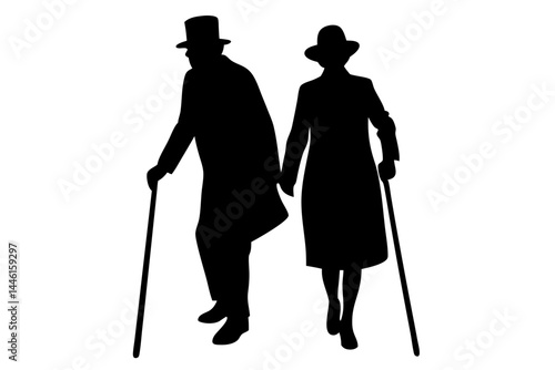 Silhouette illustration of two elderly people walking together on white, silhouette, elderly, senior citizens, walking, together, companionship, couple, old age, retirement, vector, illustration, desi