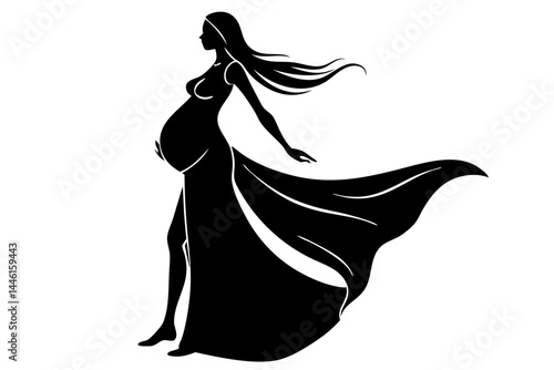 Elegant silhouette design of a pregnant woman in a flowing dress on white, pregnant, woman, silhouette, dress, flowing, vector, line, art, design, pregnancy, motherhood, mother, female, expectant
