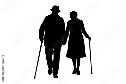 Silhouette of elderly couple walking together on a white background vector, silhouette, elderly couple, walking, older adults, individuals, senior, geriatric, black, white, vector, illustration