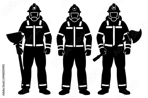Three firefighters silhouette wearing gear standing together on white background, firefighters, silhouette, firefighter, firemen, vector, emergency, fire, rescue, uniform, standing, team, teamwork