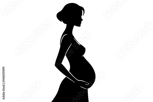 Elegant pregnant woman silhouette with short hair and dress in a minimalist style, pregnant, woman, silhouette, short hair, dress, minimalist, vector, pregnancy, maternity, expecting, mother, female