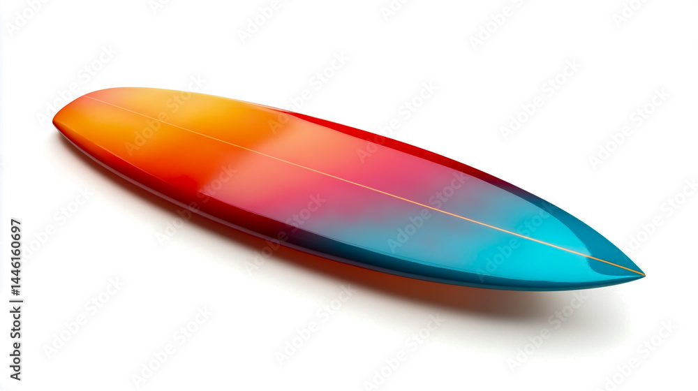 A surfboard with a gradient of red, orange, and blue colors, isolated on a white background. Photorealistic image A surfboard with a gradient of red, orange, and blue colors, isolated on a white background. Photorealistic image