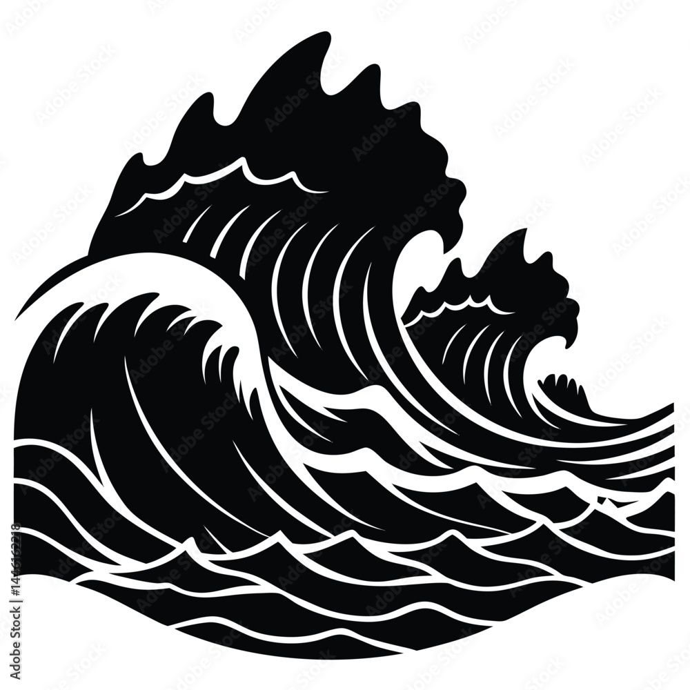 Naklejka premium Powerful Ocean Waves Black and White Illustration of Crashing Surf