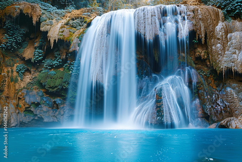 Celebrate unique stunning beauty of one vibrant blue waterfall, showcasing unique mesmerizing hues of turquoise and azure that adorn unique water and surrounding landscape, evoking one sense of wonder
