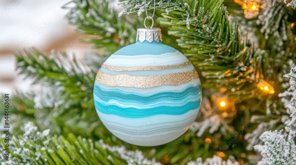 Teal Christmas ornament on snowy tree, festive lights. Holiday card design Teal Christmas ornament on snowy tree, festive lights. Holiday card design