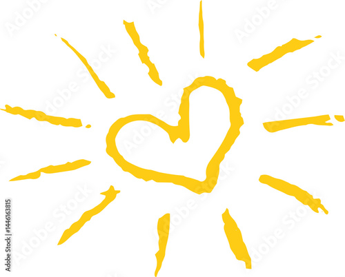 Cute yellow sun with heart like kid drawing. Painted with pastel crayons or wax pencil sunny icon. Summer sky symbol. Rough chalk texture vector illustration in children style. Collage elements