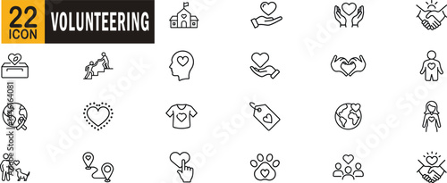Volunteering outline icon set. Charity, donation, compassion, support, community help, and nonprofit care.