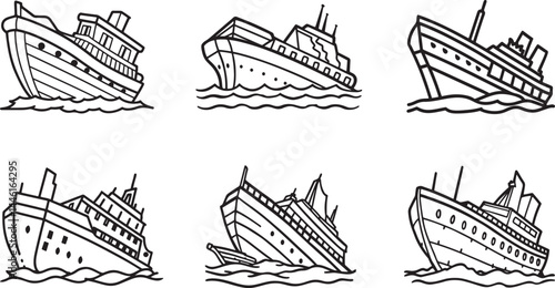 set of wrecked ship line art, black outline, vector and illustration, coloring book page line art drawing