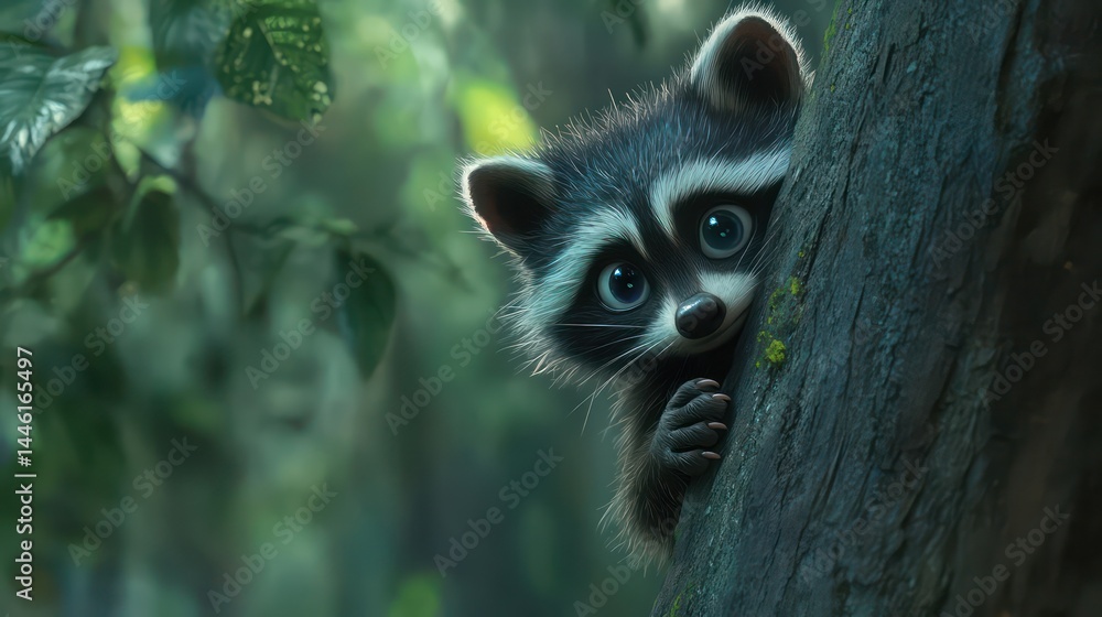 Fototapeta premium Raccoon peeking from behind a tree