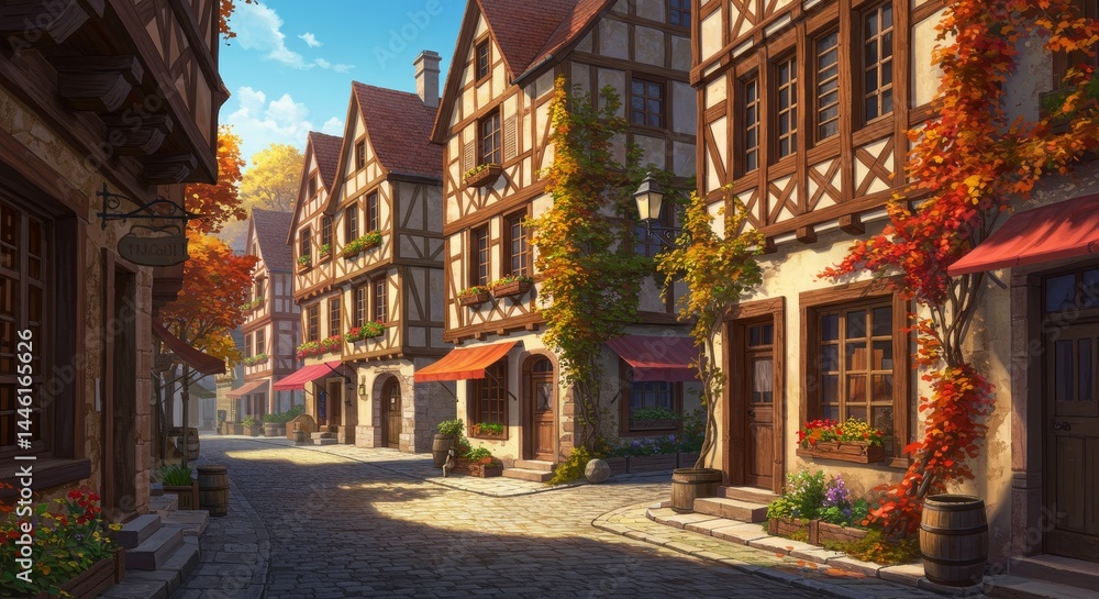 Fototapeta premium Charming Autumn Street in a Medieval Village - Cobblestone street lined with quaint medieval buildings