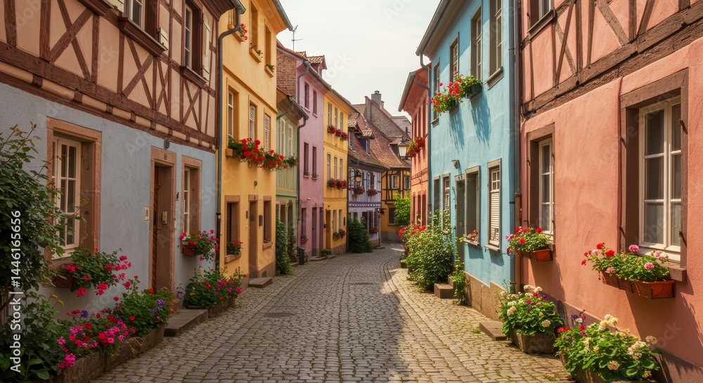 Fototapeta premium Charming Cobblestone Street in Europe - Colorful buildings line a quaint cobblestone street, adorned with vibrant flowers. A picturesque European scene