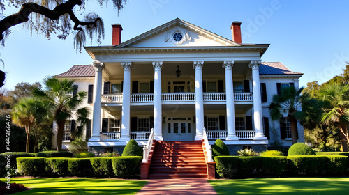 A regal Southern plantation house, with its grand columns, sweeping verandas, and lush gardens, captures the romance and history of the antebellum South