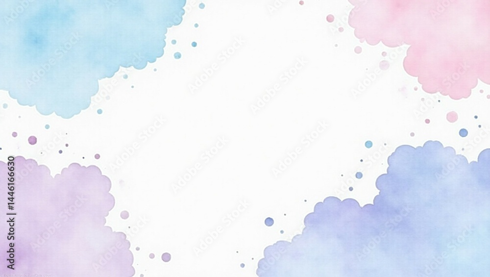 Obraz premium watercolor background in blue pink and purple colors, soft pastel color splash and blotches with fringe bleed painting in abstract clouds shapes with paper texture