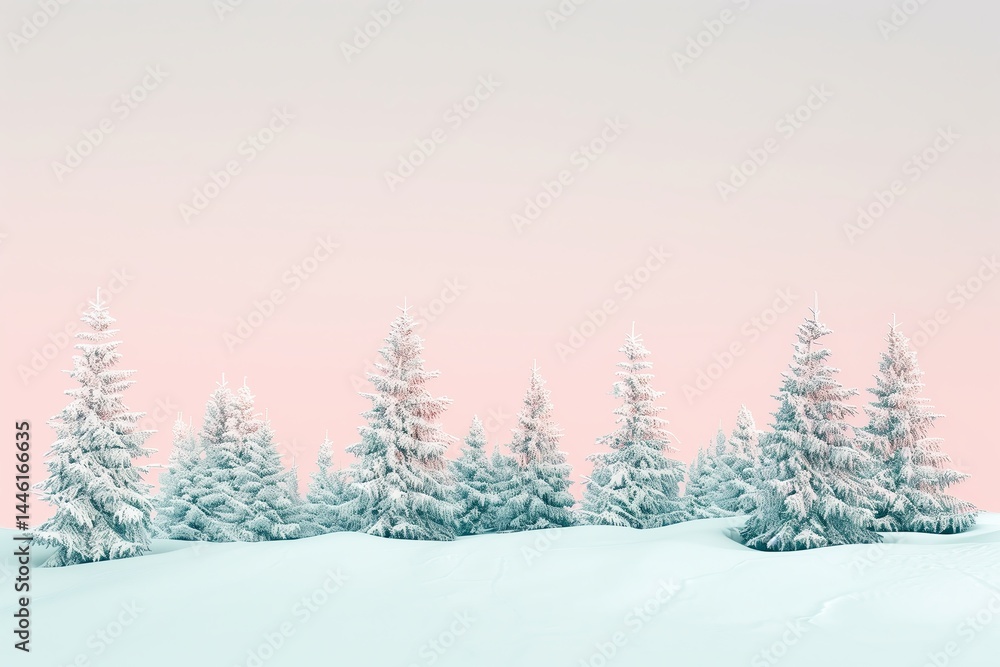Snowy winter landscape, pine trees covered in snow, pastel sky, clear space for text Snowy winter landscape, pine trees covered in snow, pastel sky, clear space for text