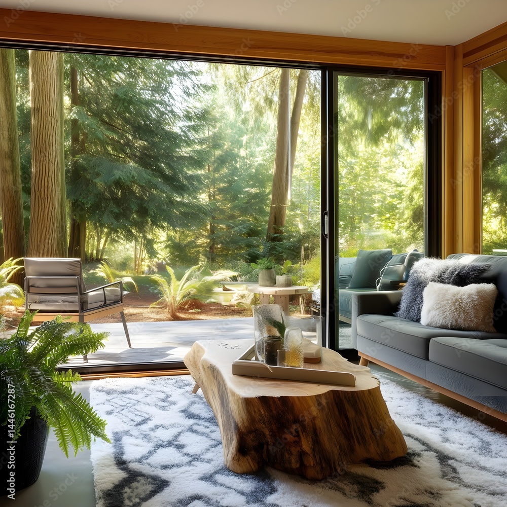 Fototapeta premium Contemporary sliding aluminum door to woodland patio invites effortless blending of home and nature retreat