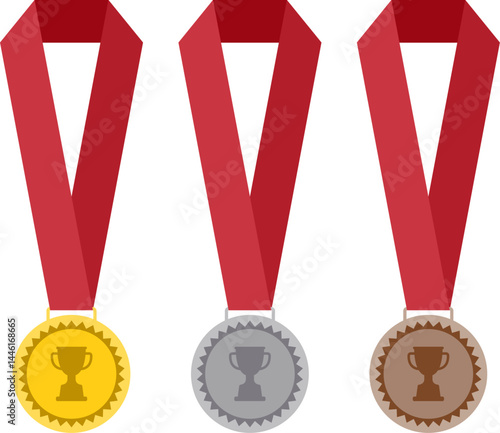 vector set of gold, silver and bronze medals with red ribbons isolated on white background. shiny medal icons