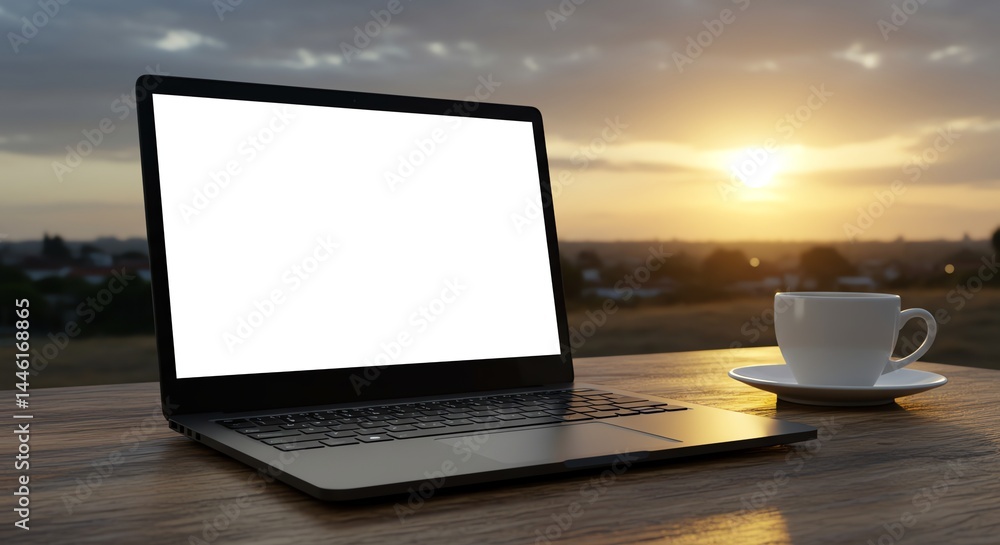 Fototapeta premium Laptop at Sunset: Serene Workspace with Blank Screen