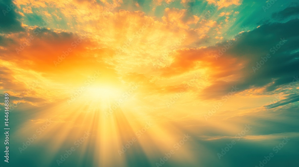 Fototapeta premium Vibrant sunset rays pierce cloudscape, nature's beauty, atmospheric background