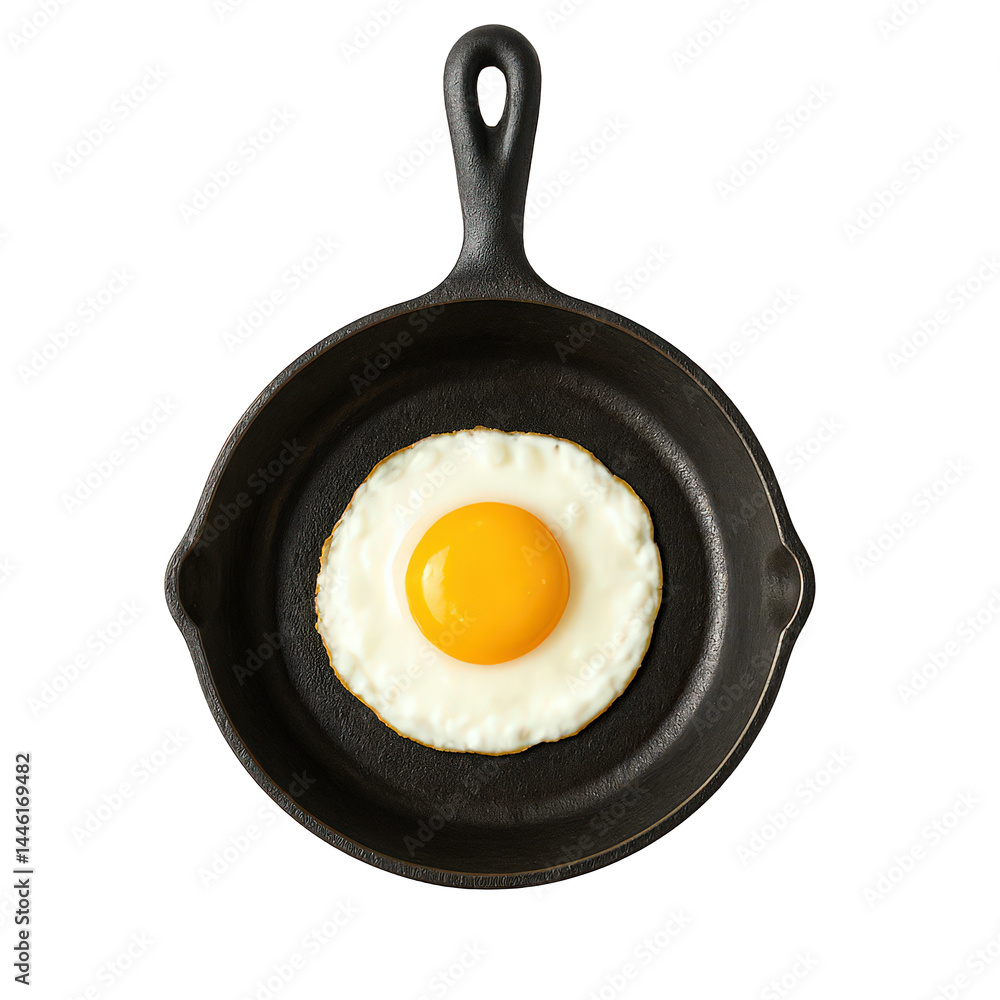 A single bright yellow fried egg, perfectly cooked with a firm white and liquid yolk, rests within a textured black cast iron. A single bright yellow fried egg, perfectly cooked with a firm white and liquid yolk, rests within a textured black cast iron.