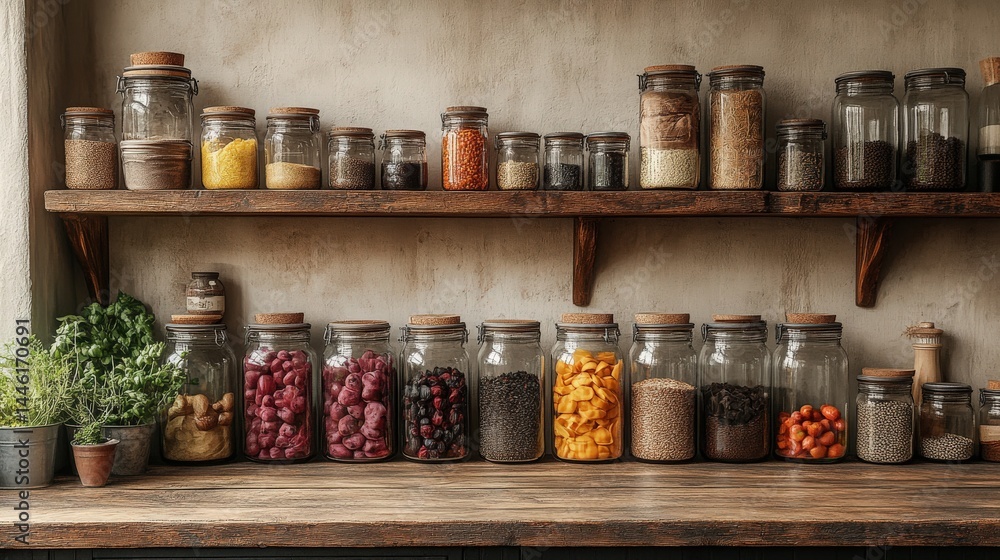 Rustic pantry brimming with glass jars filled with an array of ingredients Rustic pantry brimming with glass jars filled with an array of ingredients