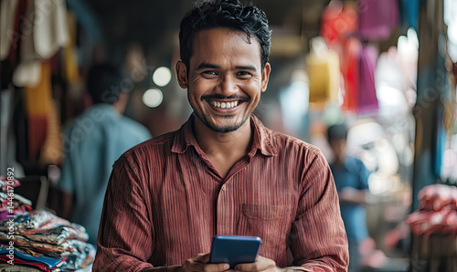 Smiling Asian Vendor using Mobile Phone in Bustling Outdoor Market for International Day of Family Remittances 