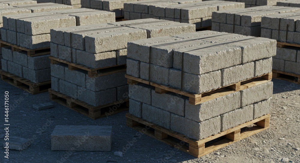 Concrete Blocks Ready for Construction - Construction materials, concrete blocks stacked on wooden pallets, ready for a building project. Symbolizing strength, stability, construction, industry Concrete Blocks Ready for Construction - Construction materials, concrete blocks stacked on wooden pallets, ready for a building project. Symbolizing strength, stability, construction, industry