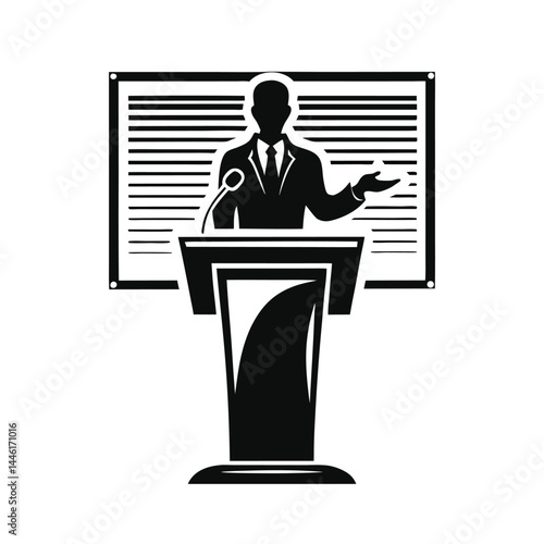 Black Silhouette of a Man in Suit Speaking at Podium with Microphone and Behind Banner