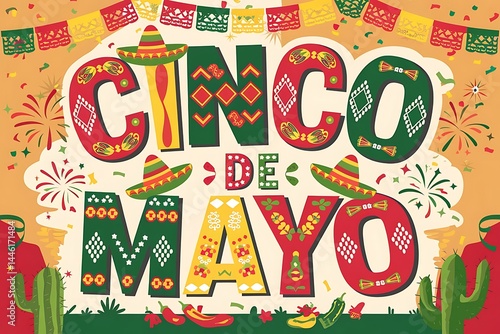 Colorful Cinco de Mayo Letter Art with Mexican Festive Elements – Sombreros, Maracas & Confetti