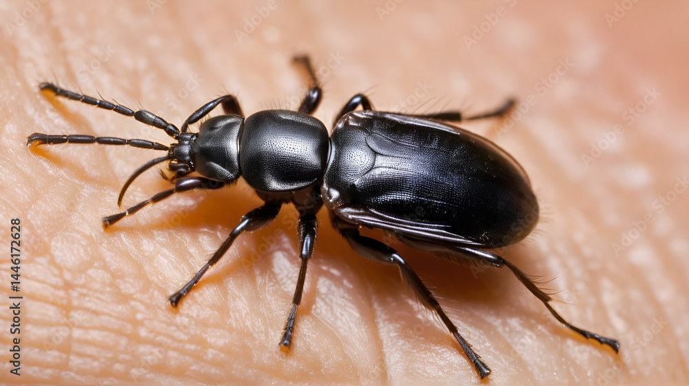 Deer tick on human skin, macro view of black mite on body, insect parasite close-up. Concept of bite, encephalitis disease, animal, nature, background Deer tick on human skin, macro view of black mite on body, insect parasite close-up. Concept of bite, encephalitis disease, animal, nature, background