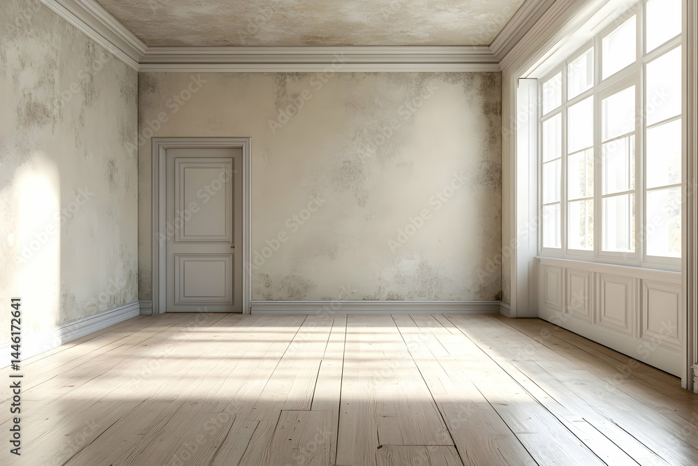Empty room with wooden floor and large window panels Empty room with wooden floor and large window panels