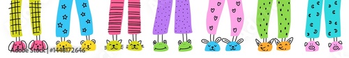 Horizontal illustration of feet in children's slippers, home shoes hand drawn in doodle style