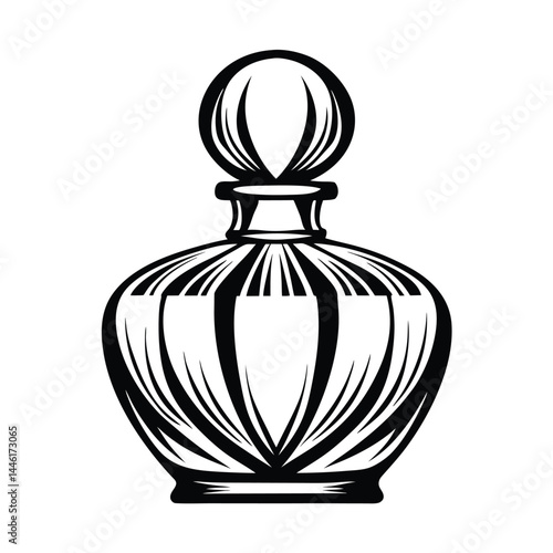 Elegant Black and White Bottle Silhouette with Decorative Elements on a White Background