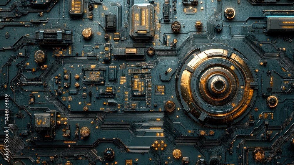 Fototapeta premium Intricate circuit board teal and gold technology design
