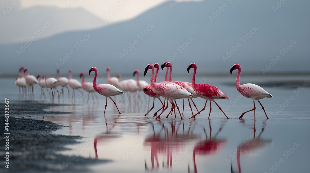 Fototapeta premium Flock of flamingos walking in the distance across a serene wetland landscape