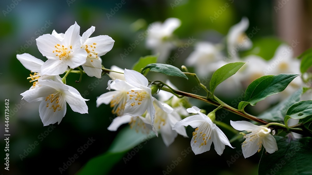 Obraz premium Delicate white jasmine flowers blooming close-up with soft petals and fragrant elegance