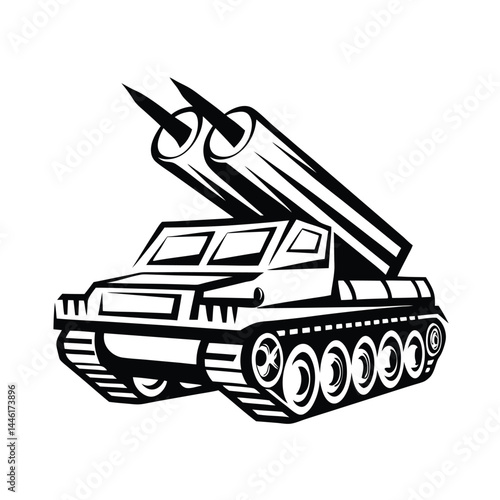 Black Silhouette of Artillery Rocket Launcher Truck with Missile Tubes on White